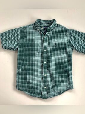 RALPH LAUREN Boys Button SHIRT Short Sleeve GREEN White PLAID Size 7